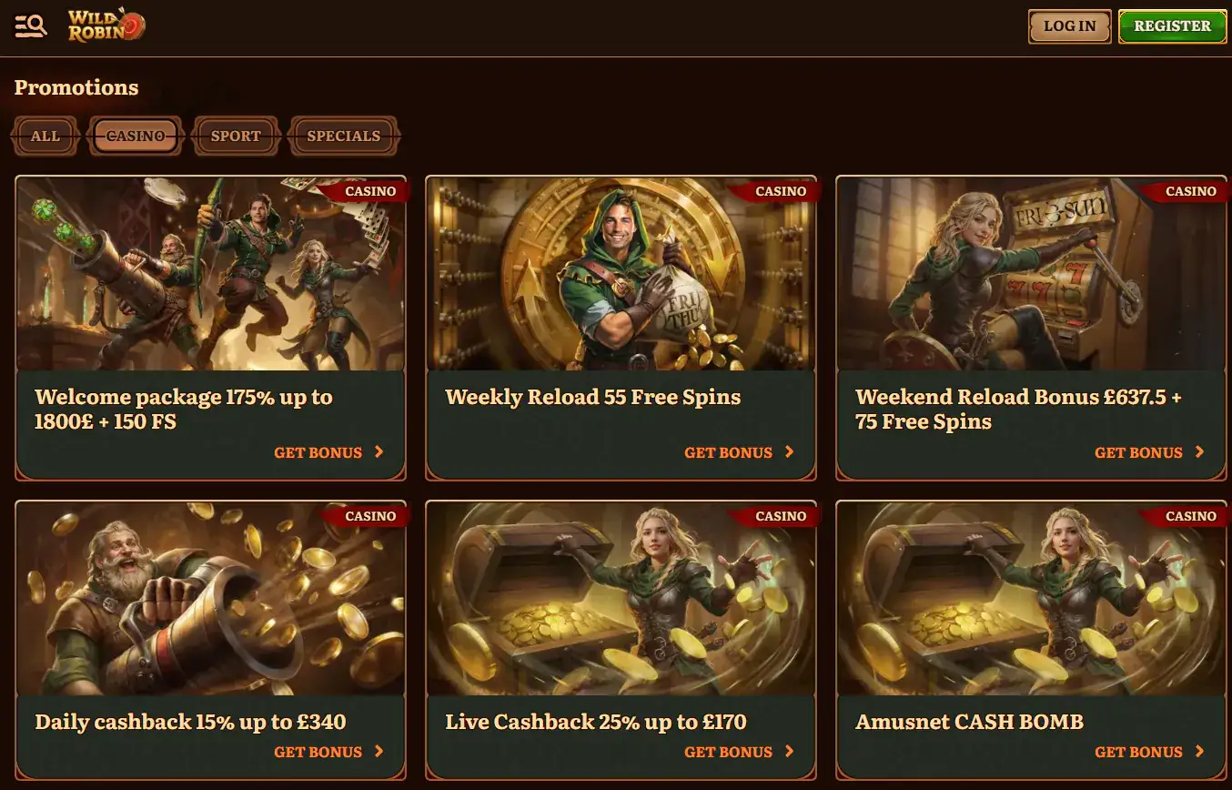 WildRobin current casino promotions page showing the welcome package area